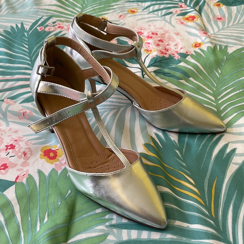 Silver T-strap Heels